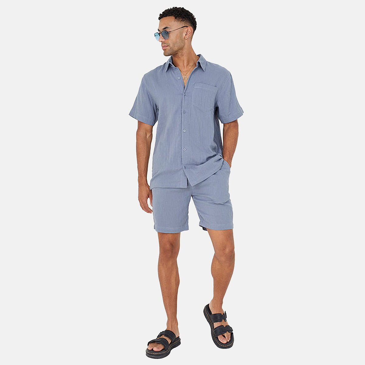 Brave Soul 100% Cotton Mens Short Sleeved Natural Crimp Effect Shirt with Regular Collar (Size M) - Mid Blue V32631837 0