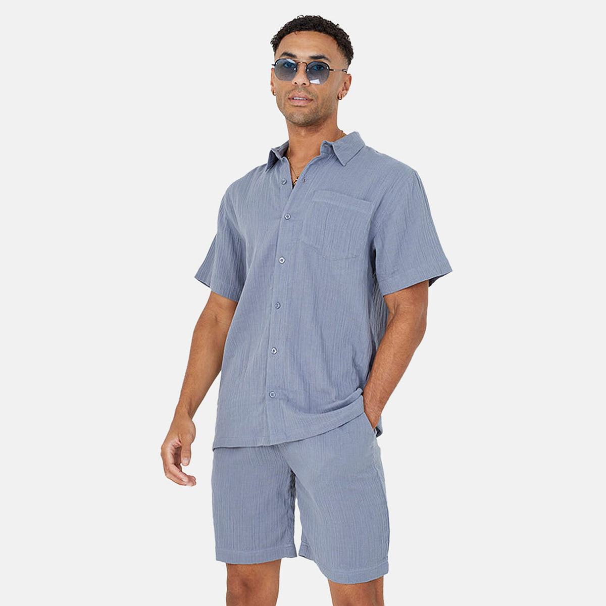 Brave Soul 100% Cotton Mens Short Sleeved Natural Crimp Effect Shirt with Regular Collar (Size M) - Mid Blue V32631837 1
