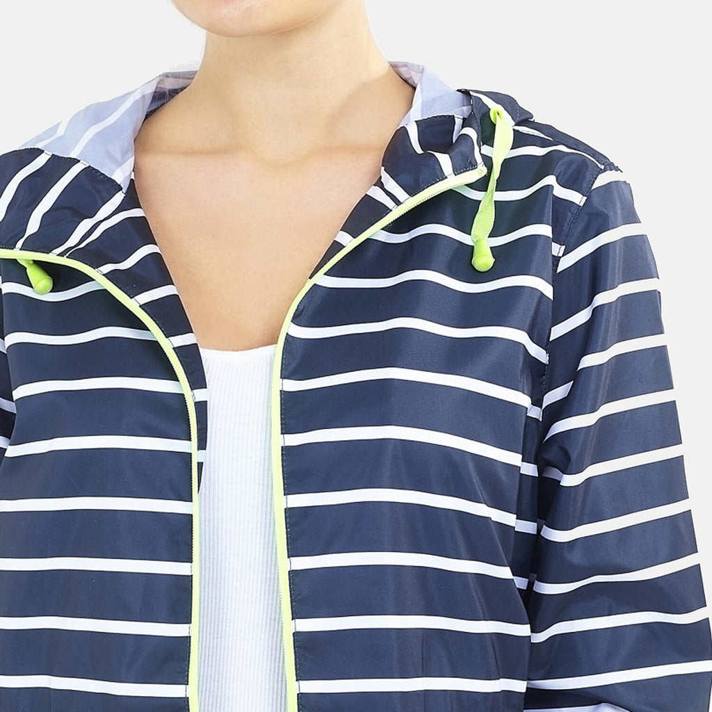 Brave Soul Stripe Pattern Water Resistant Hooded Rain Mac (Size 22) - Navy - White