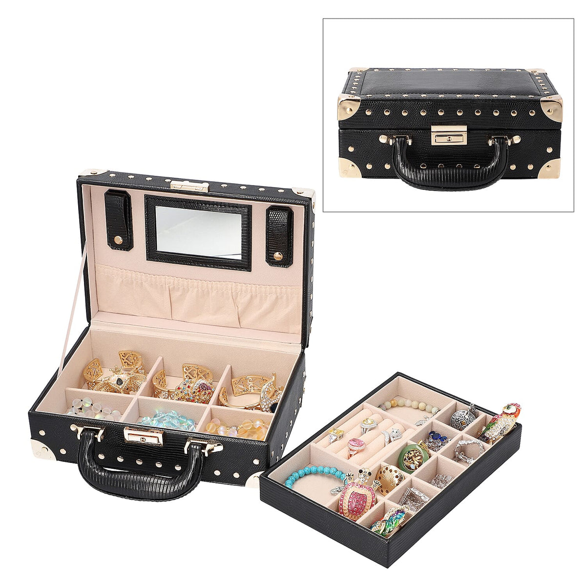 Briefcase Design Lizard Skin Pattern Anti-Tarnish Jewellery Storage Box with Mirror ortable Jewellery Organiser for Necklace, Earrings, Bracelets, Rings and Accessories - Black 6016784 0