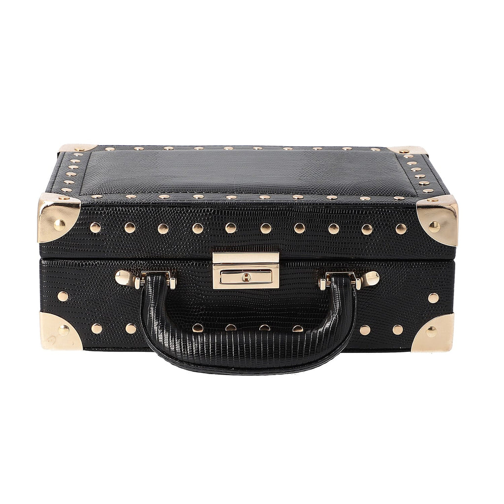 Briefcase Design Lizard Skin Pattern Two Layer  Anti-Tarnish Jewellery Storage Box with Inside Mirror, Removable Tray and Velvet Lining (Size 25x17.5x9.5cm) - Black