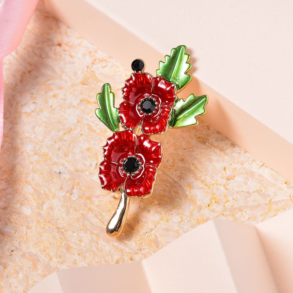Black Austrian Crystal Enamelled Poppy Floral Brooch 7595089 1