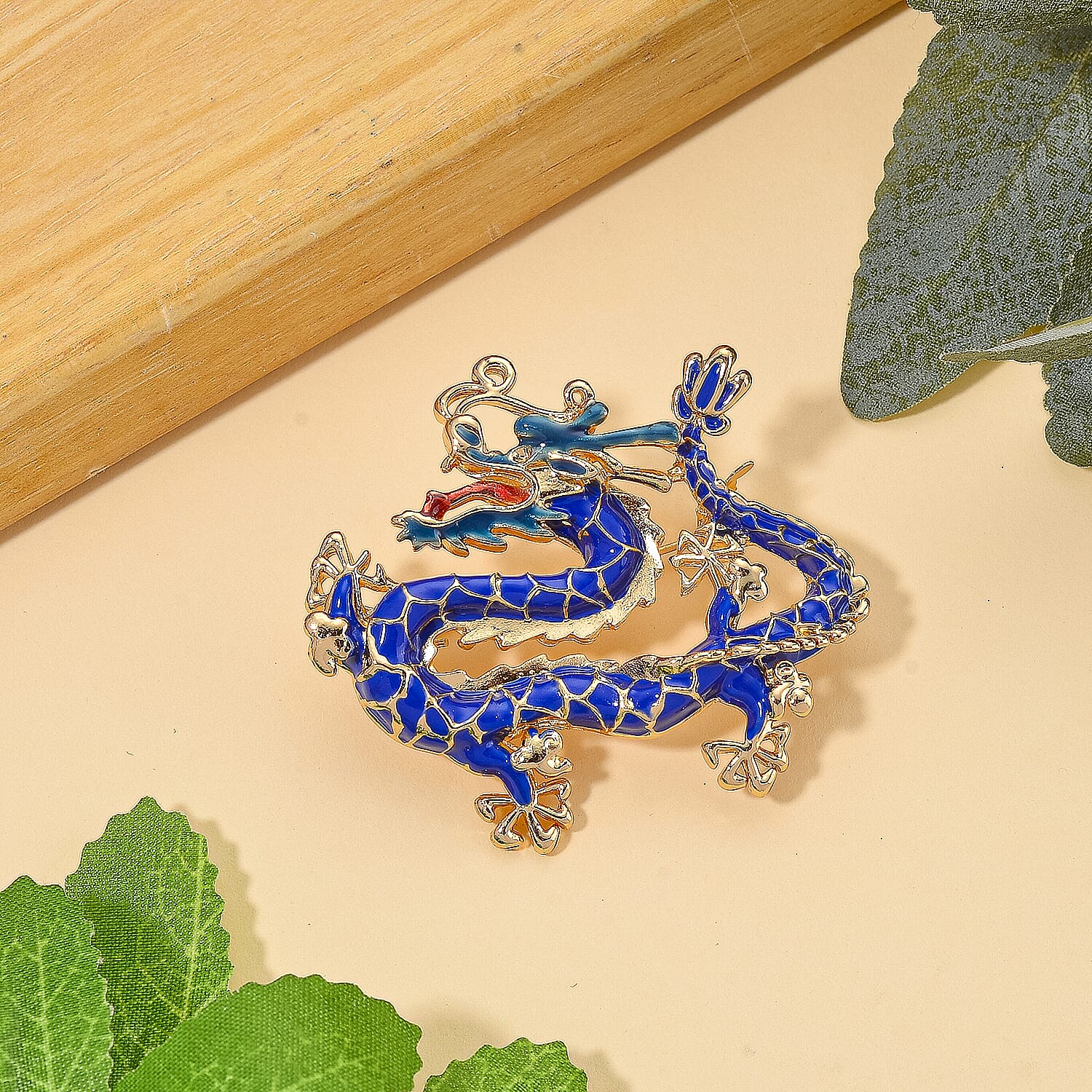Dragon Blue Enamelled Brooch in Yellow Gold Colour Tone 8199725 2