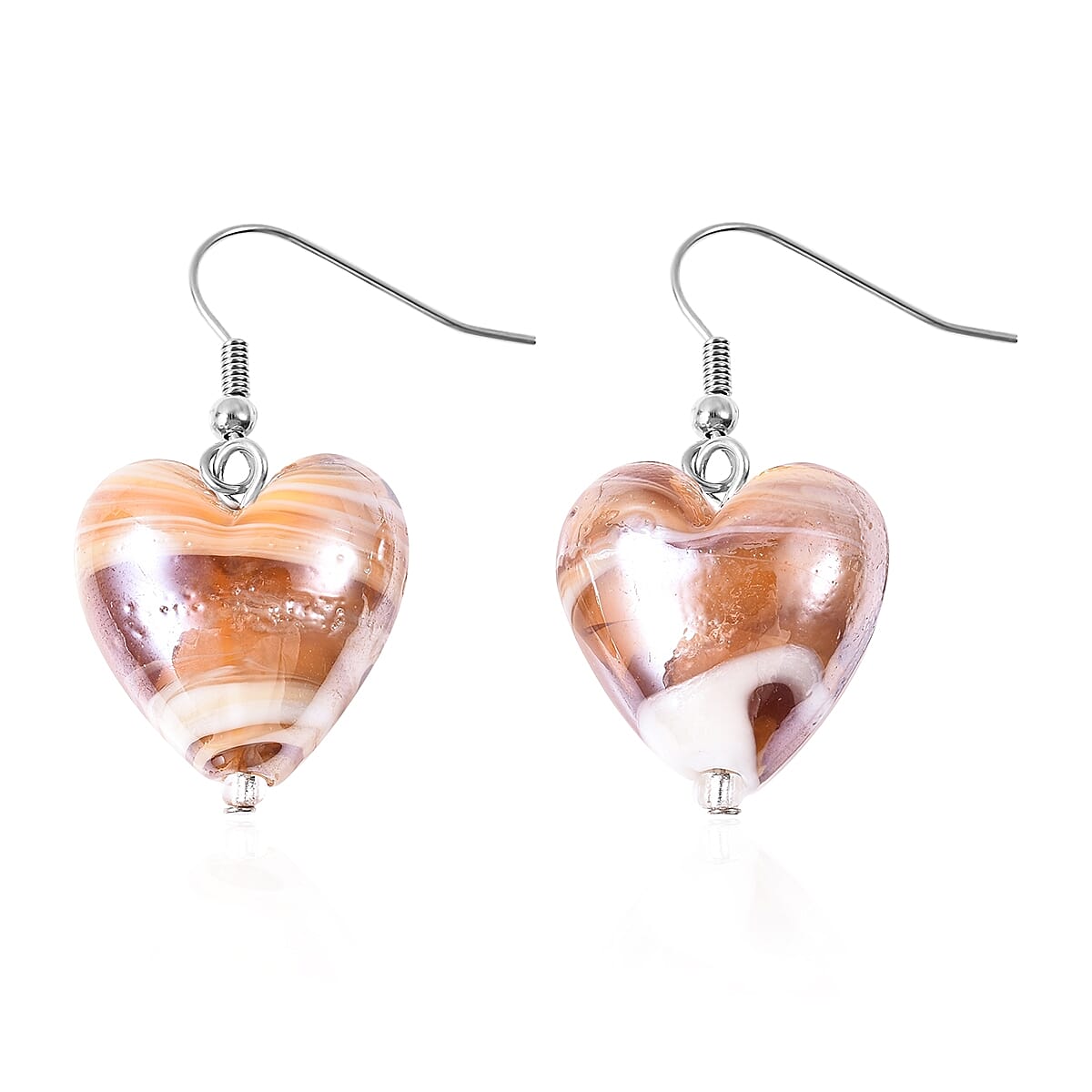 Brown Colour Murano Style Glass Heart Hook Earrings in Rhodium Plated Silver 3586255 0