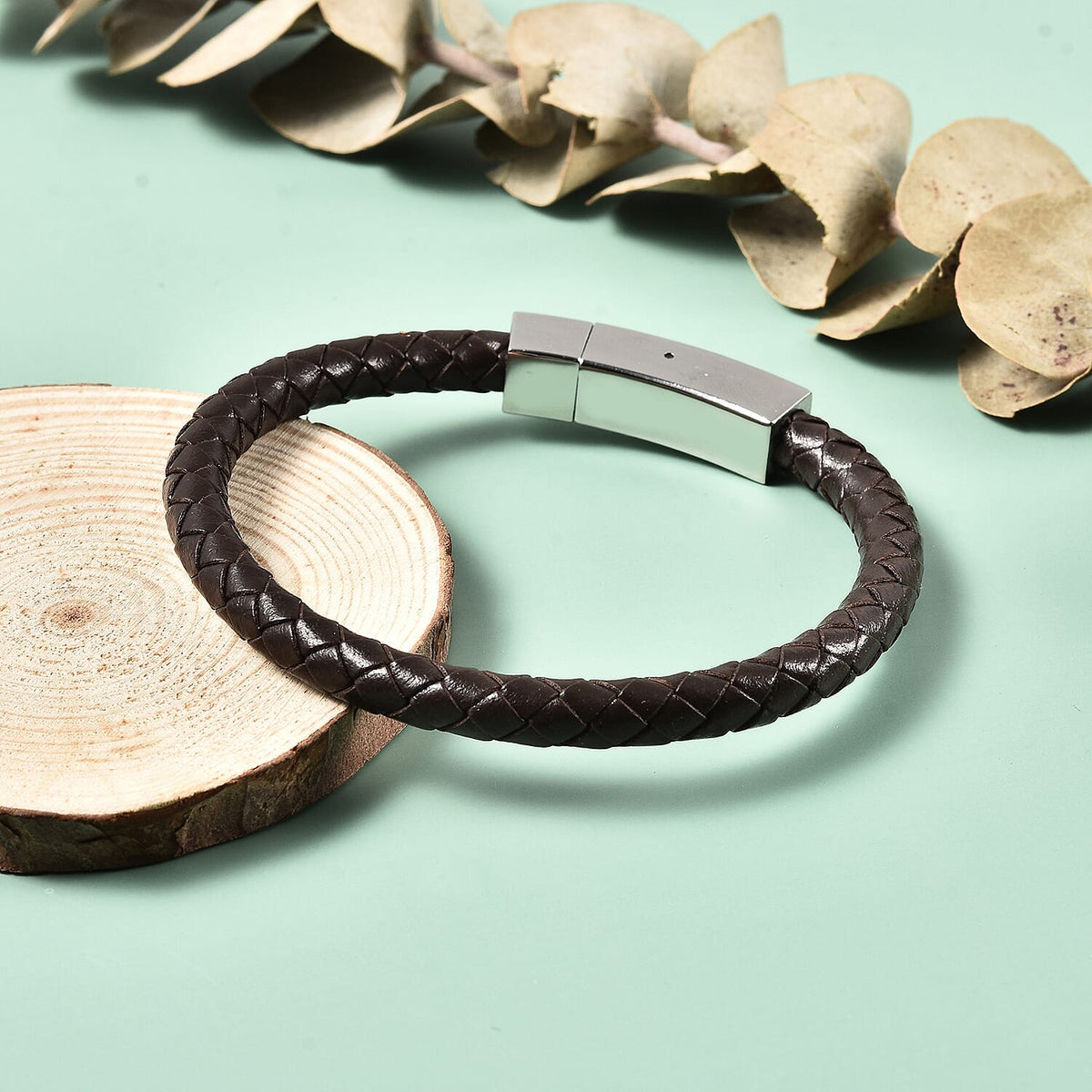 Brown Genuine Leather Bracelet Size 8 with Magnetic Lock in Silver Tone 6298528 0