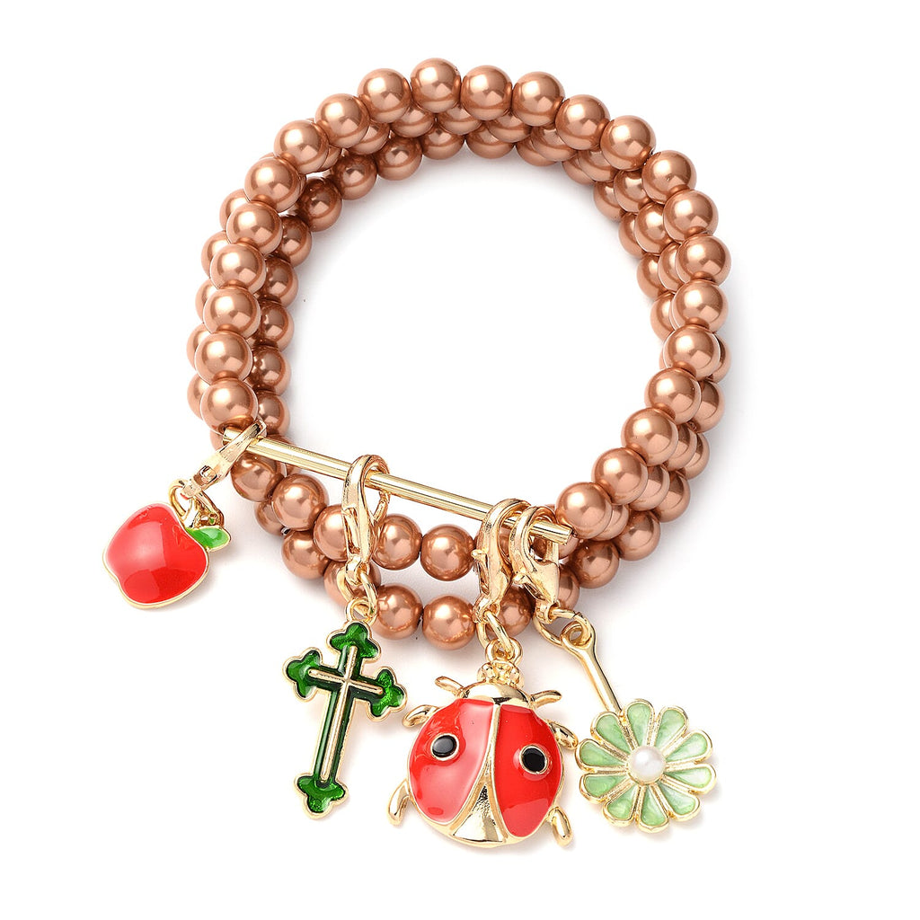Set of 3 - Brown Shell Pearl Stretchable Enamelled Four Charm Bracelet in Gold Tone