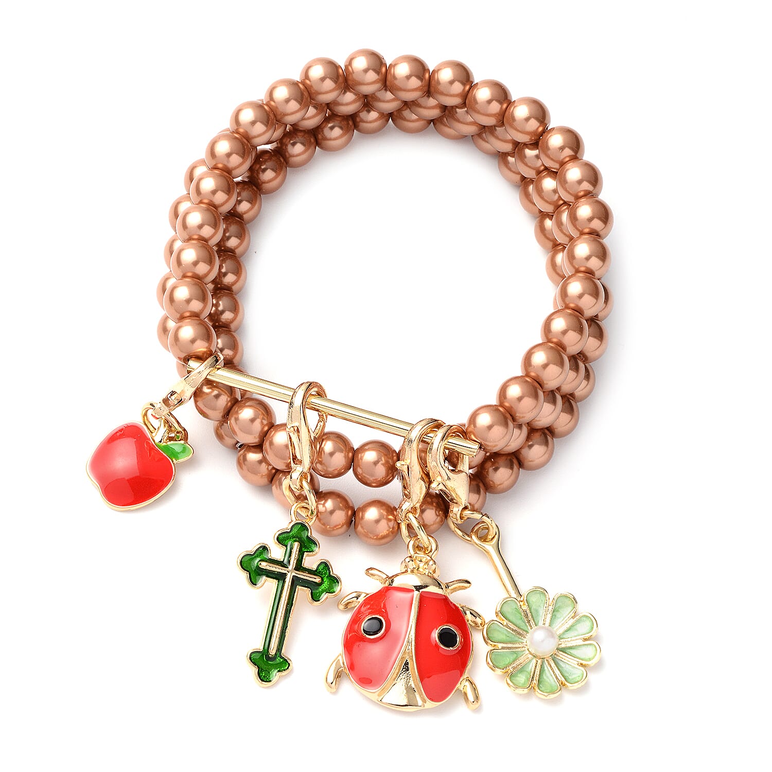 Brown Shell Pearl Stretchable Enamelled Four Charm Bracelet in Gold Tone 4045566 0