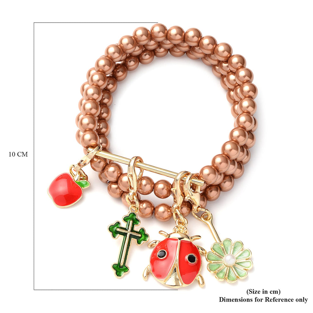 Set of 3 - Brown Shell Pearl Stretchable Enamelled Four Charm Bracelet in Gold Tone