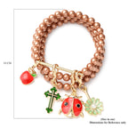 Set of 3 - Brown Shell Pearl Stretchable Enamelled Four Charm Bracelet in Gold Tone
