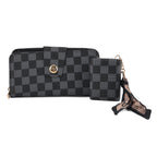 Set of 2 RFID Blocking Checkered Wallet and Compact Square Mirror - Black