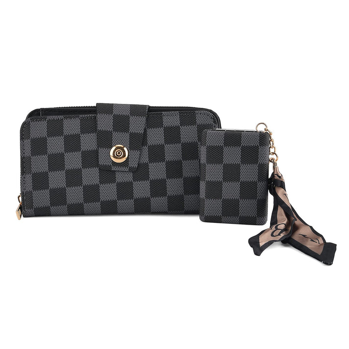 Set of 2 RFID Blocking Checkered Wallet and Compact Square Mirror - Black 4455937 1