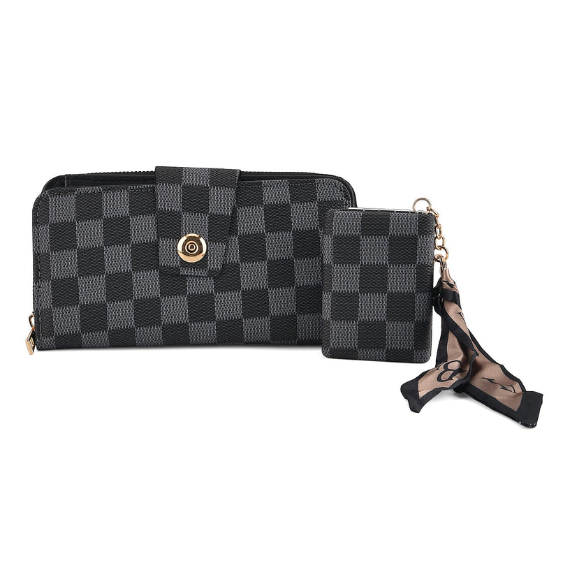 Set of 2 RFID Blocking Checkered Wallet and Compact Square Mirror - Black