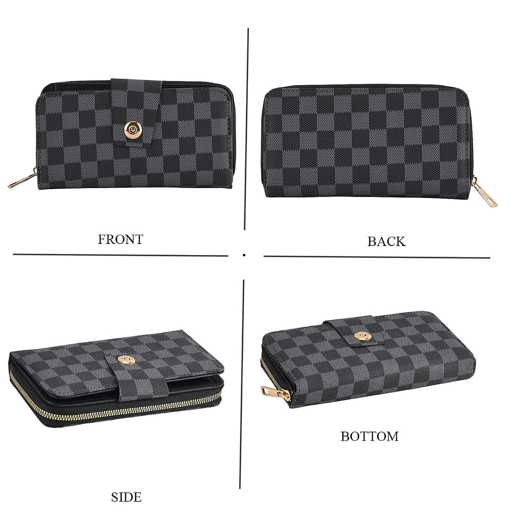 Set of 2 RFID Blocking Checkered Wallet and Compact Square Mirror - Black