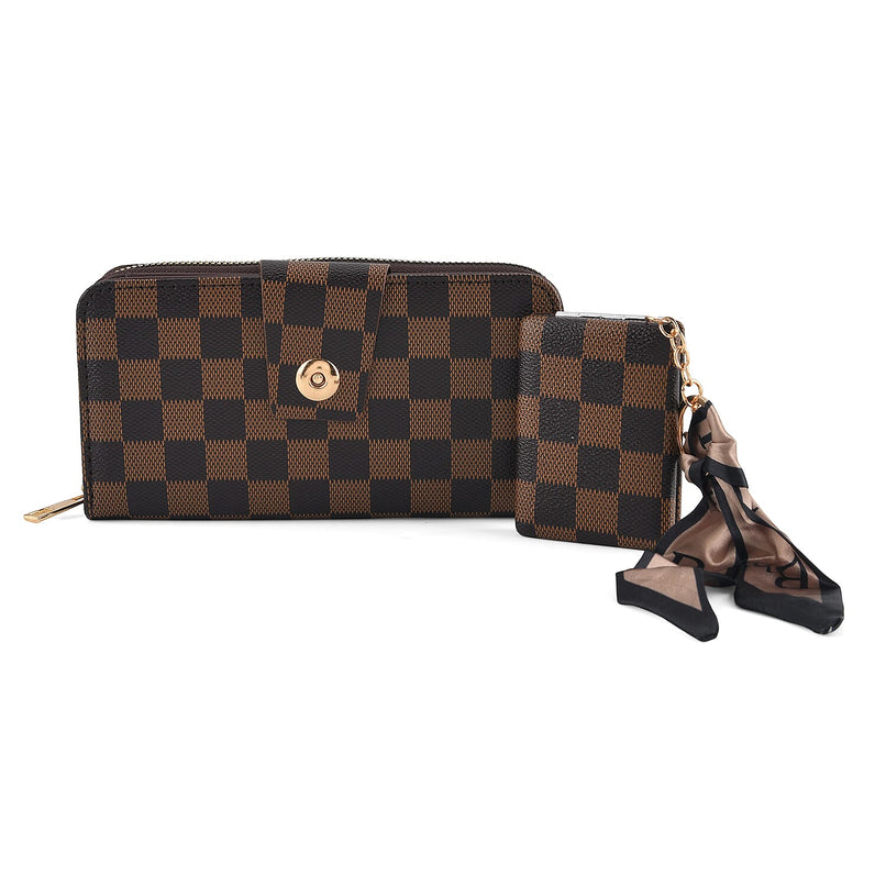 Set of 2 RFID Blocking Checkered Wallet and Compact Square Mirror - Brown