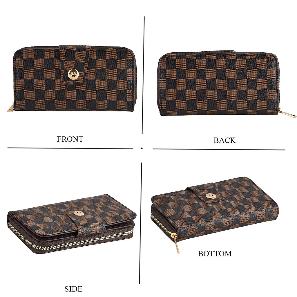 Set of 2 RFID Blocking Checkered Wallet and Compact Square Mirror - Brown