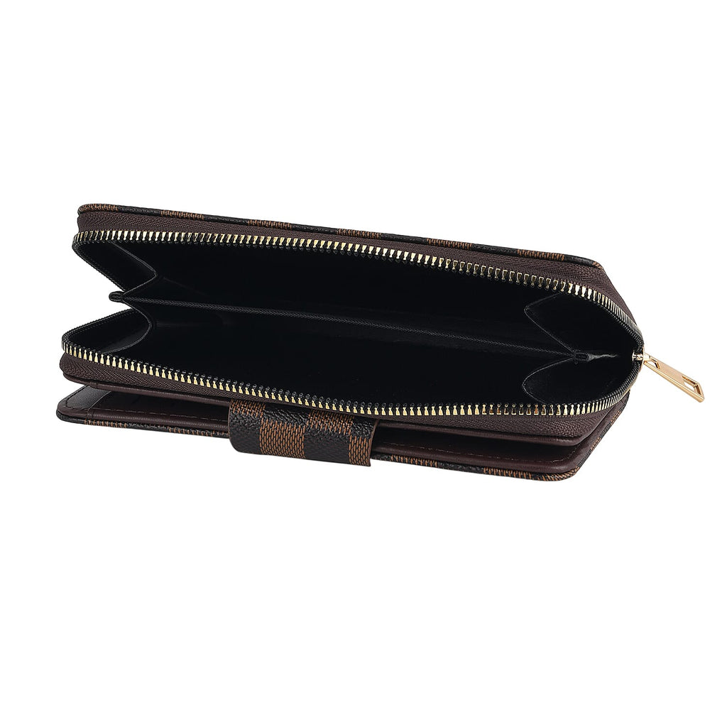 Set of 2 RFID Blocking Checkered Wallet and Compact Square Mirror - Brown