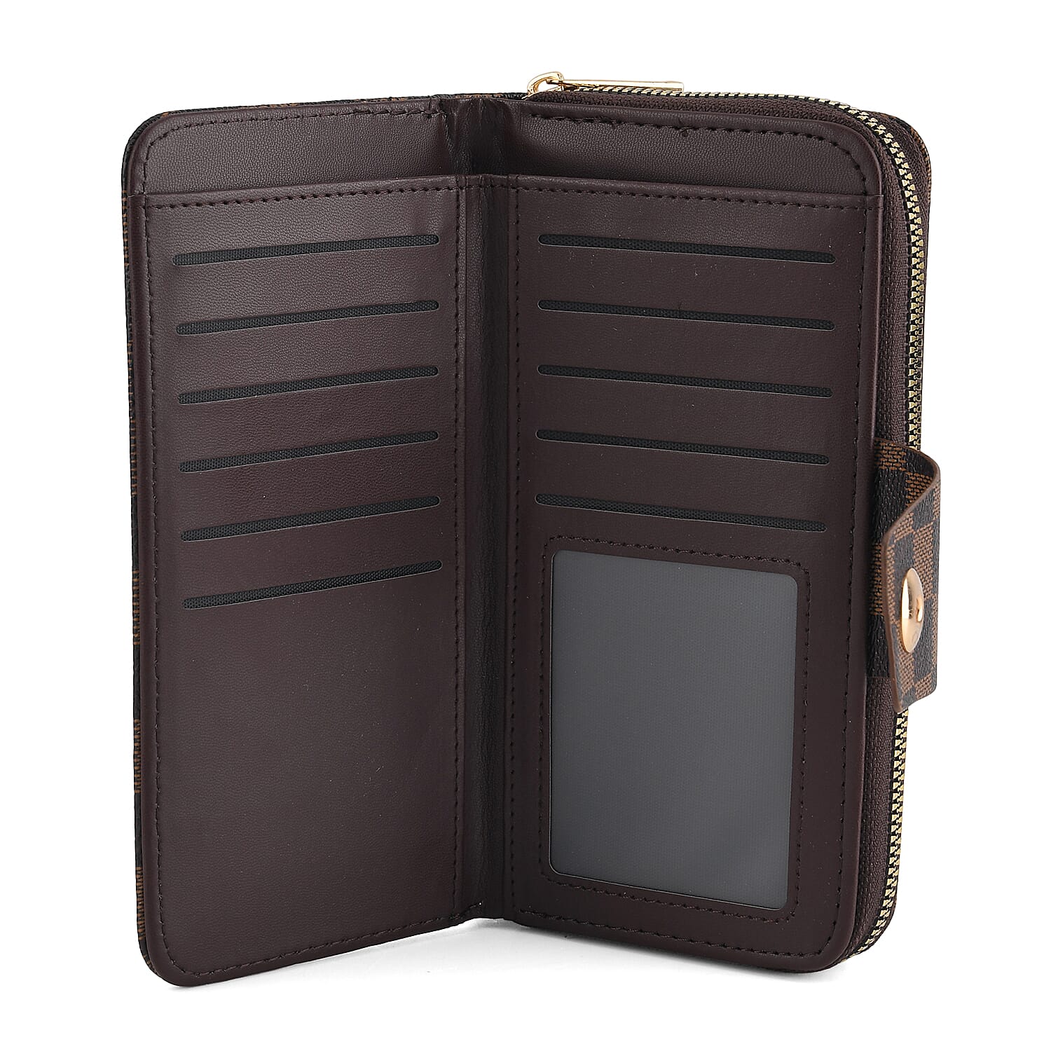 Set of 2 RFID Blocking Checkered Wallet and Compact Square Mirror - Brown V32516561 6