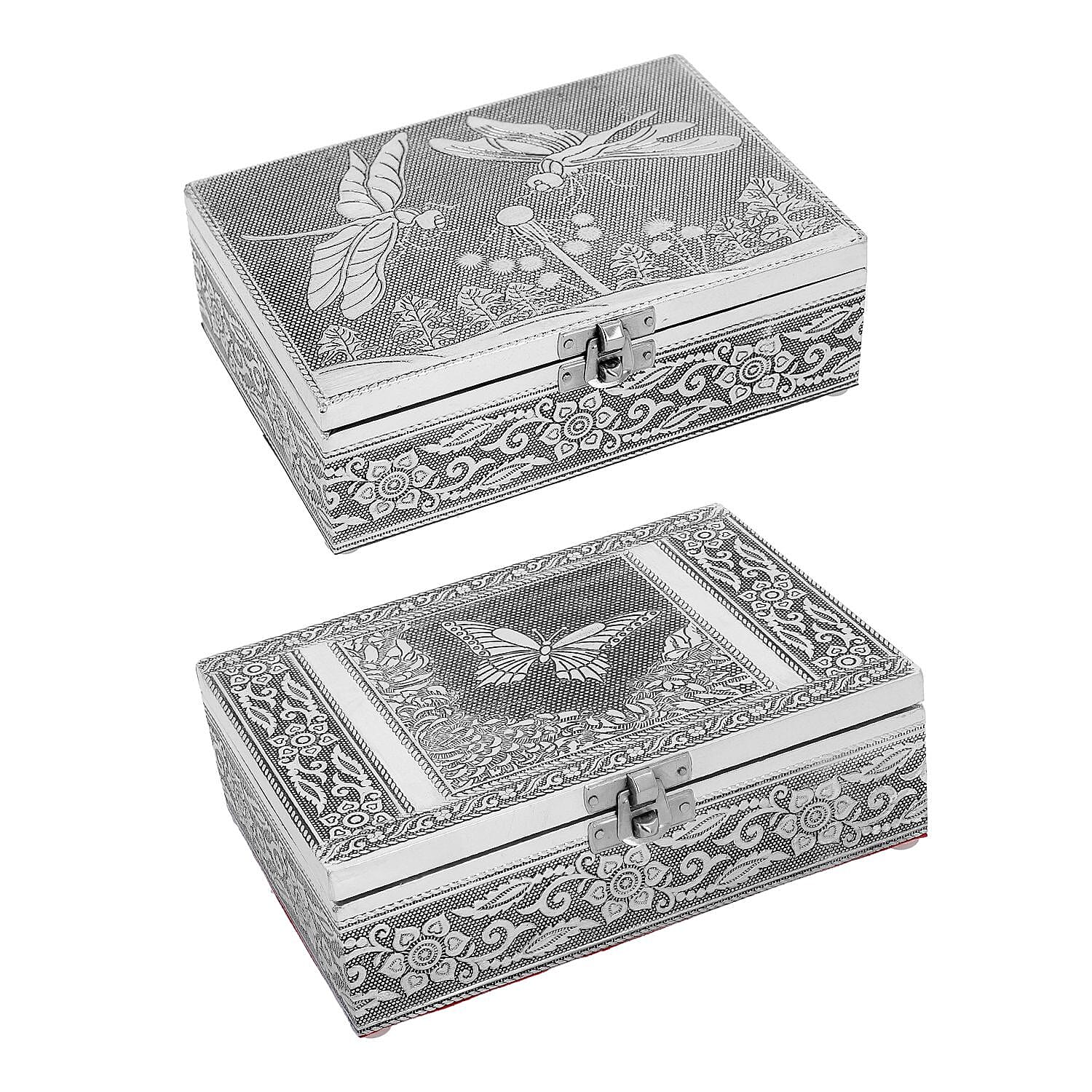 Set of 2 - Butterfly Embossed Handcrafted Aluminium Jewellery Box (Size 20x13x7 cm) - Silver &amp; Red 7515324 0