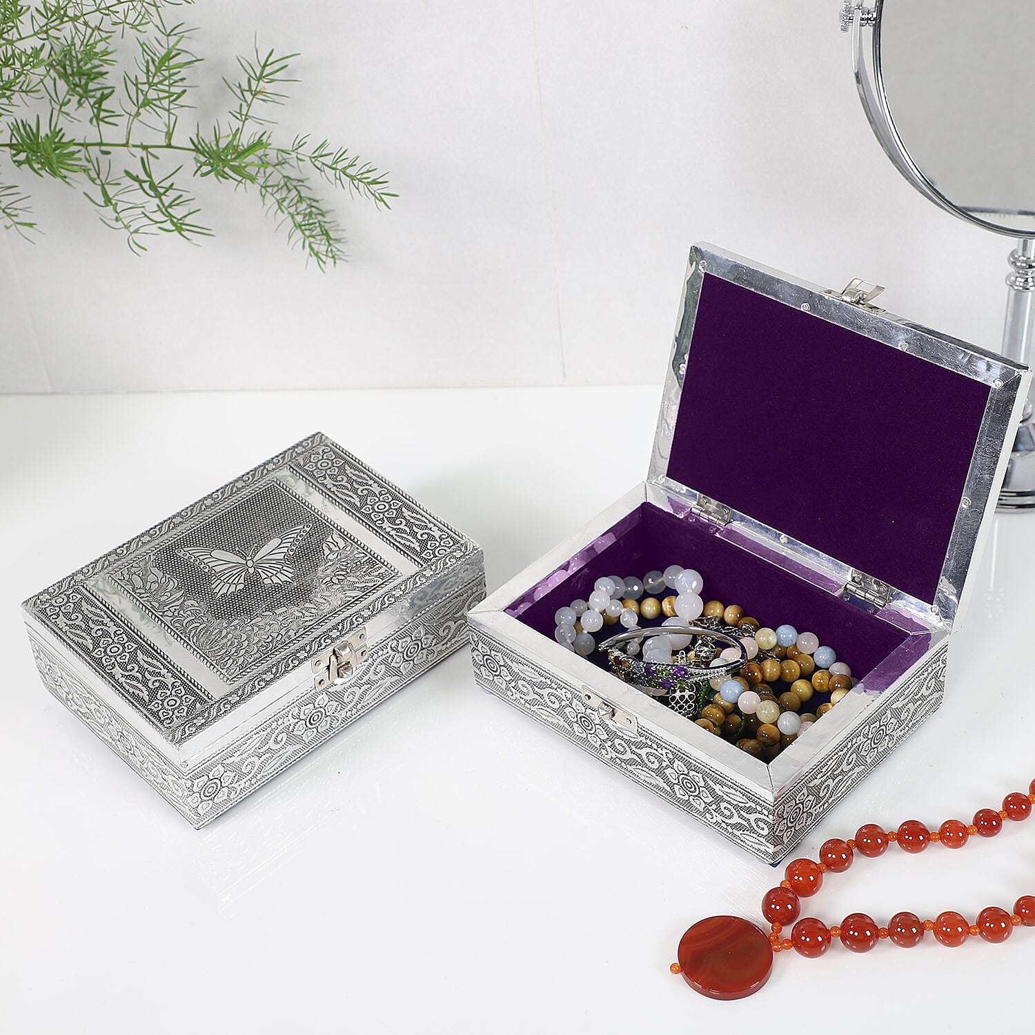Set of 2 - Butterfly Embossed Handcrafted Aluminium Jewellery Box (Size 20x13x7 cm) - Silver &amp; Red 7515324 3