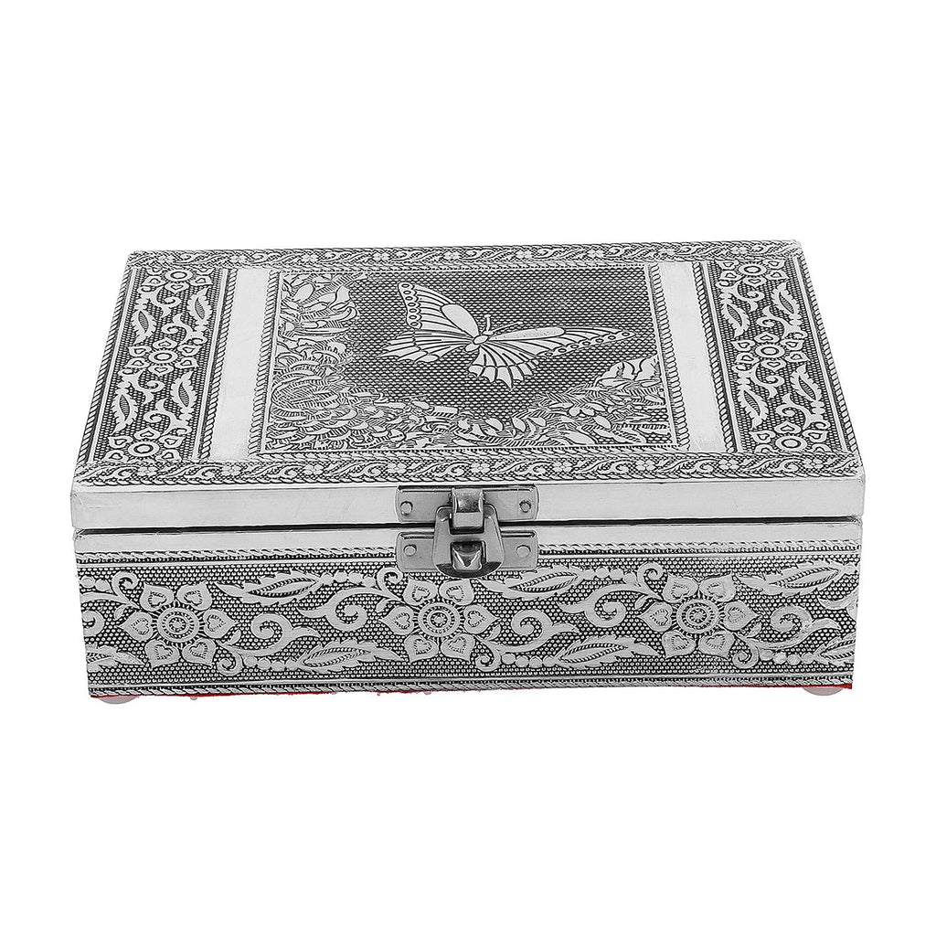Set of 2 - Butterfly Embossed Handcrafted Aluminium Jewellery Box (Size 20x13x7 cm) - Silver & Red