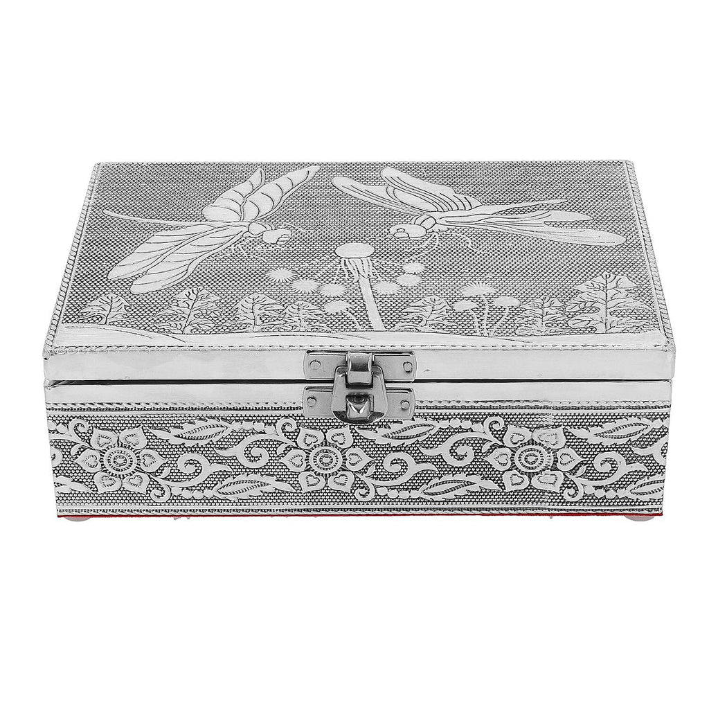 Set of 2 - Butterfly Embossed Handcrafted Aluminium Jewellery Box (Size 20x13x7 cm) - Silver & Red