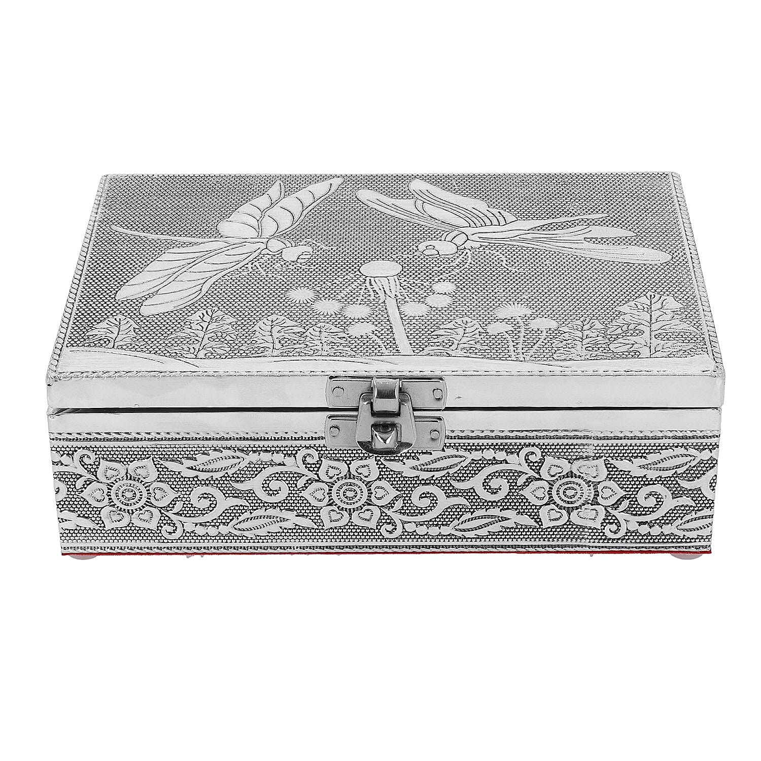 Set of 2 - Butterfly Embossed Handcrafted Aluminium Jewellery Box (Size 20x13x7 cm) - Silver &amp; Red 7515324 5