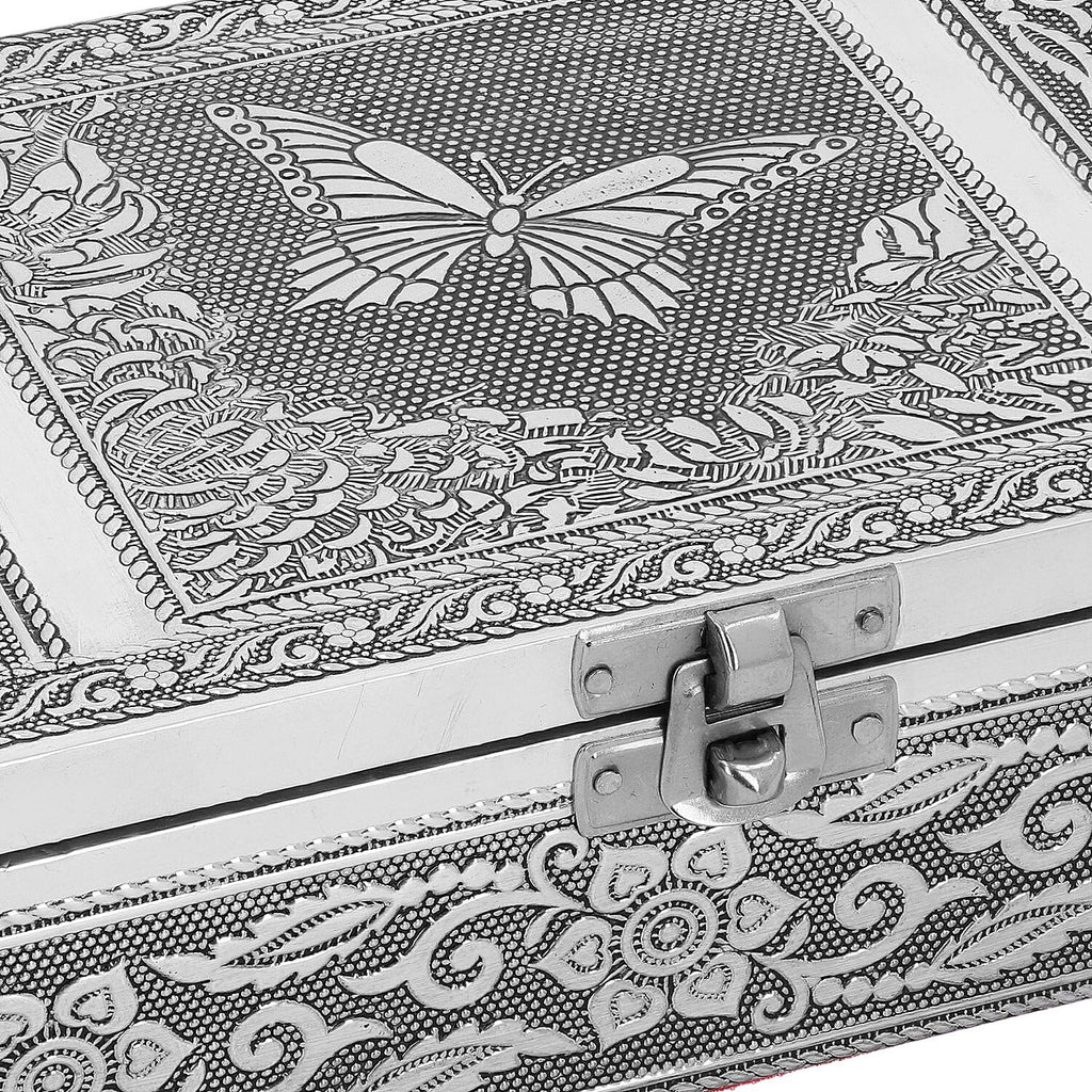 Set of 2 - Butterfly Embossed Handcrafted Aluminium Jewellery Box (Size 20x13x7 cm) - Silver & Red