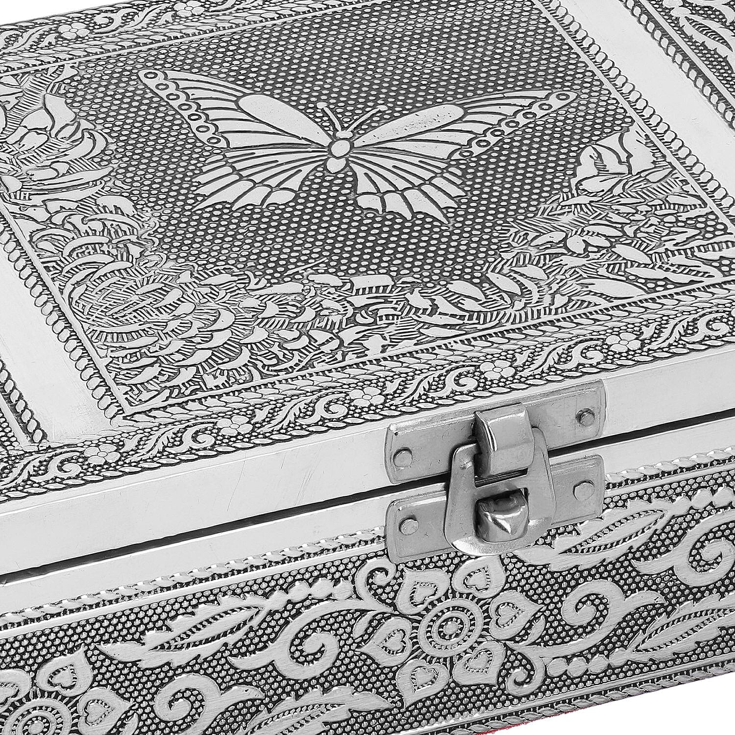 Set of 2 - Butterfly Embossed Handcrafted Aluminium Jewellery Box (Size 20x13x7 cm) - Silver &amp; Red 7515324 7