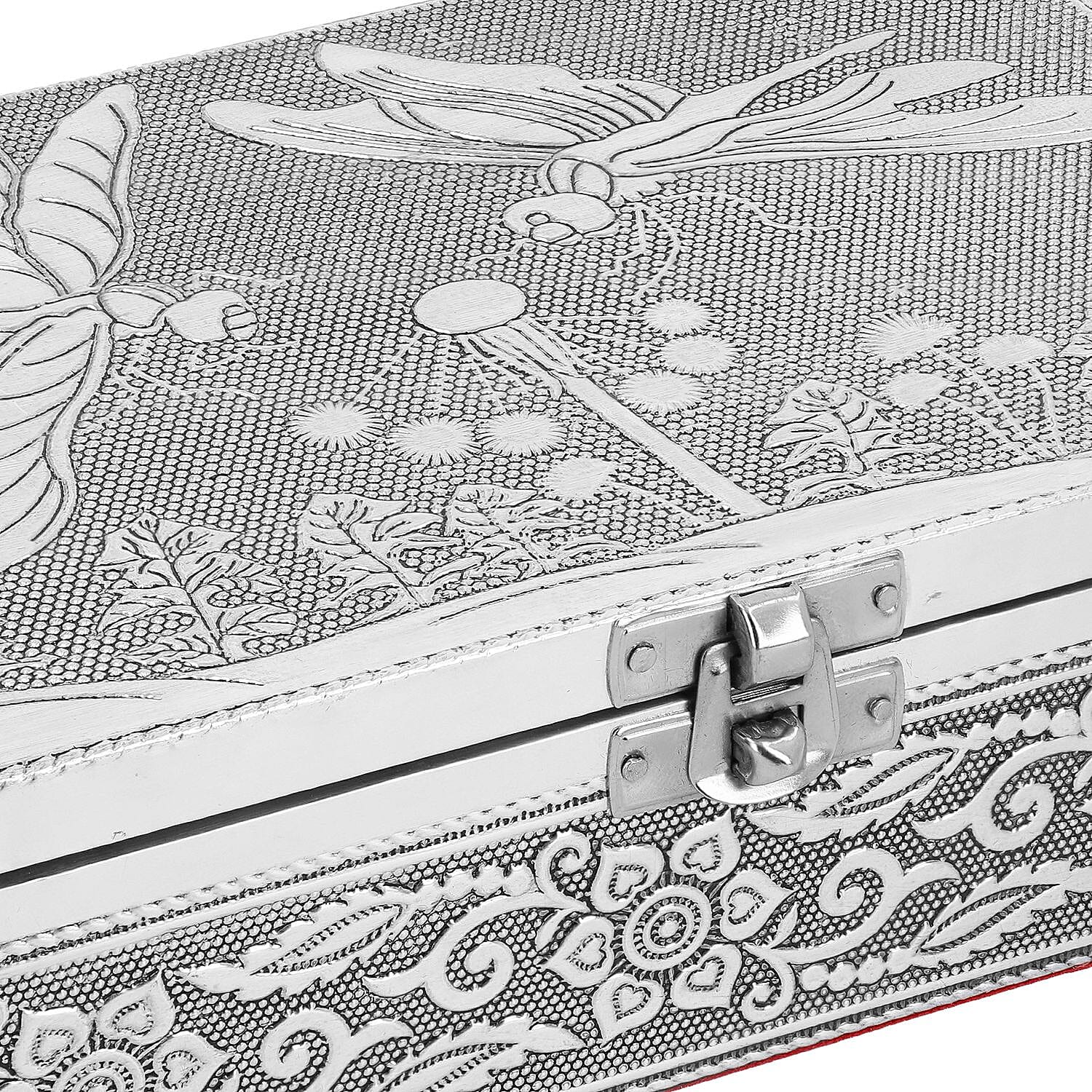 Set of 2 - Butterfly Embossed Handcrafted Aluminium Jewellery Box (Size 20x13x7 cm) - Silver &amp; Red 7515324 8