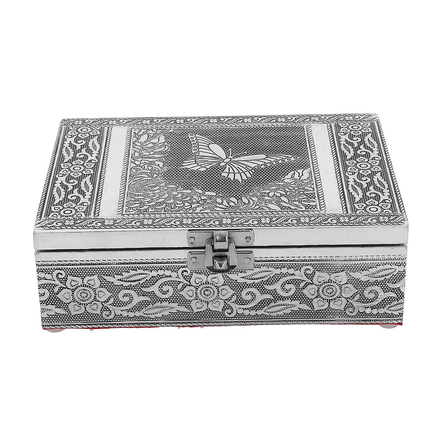 Set of 2 - Butterfly Embossed Handcrafted Aluminium Jewellery Box (Size 20x13x7 cm) - Silver &amp; Red 7515324 2