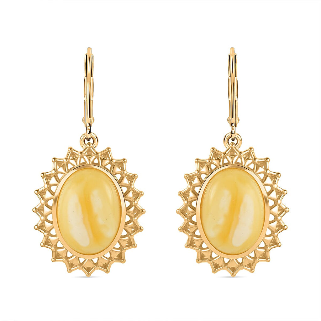 Butterscotch Amber Lever Back Earrings in Gold Plated Sterling Silver 10.00 Ct,  Silver Wt. 5.20 Gms.