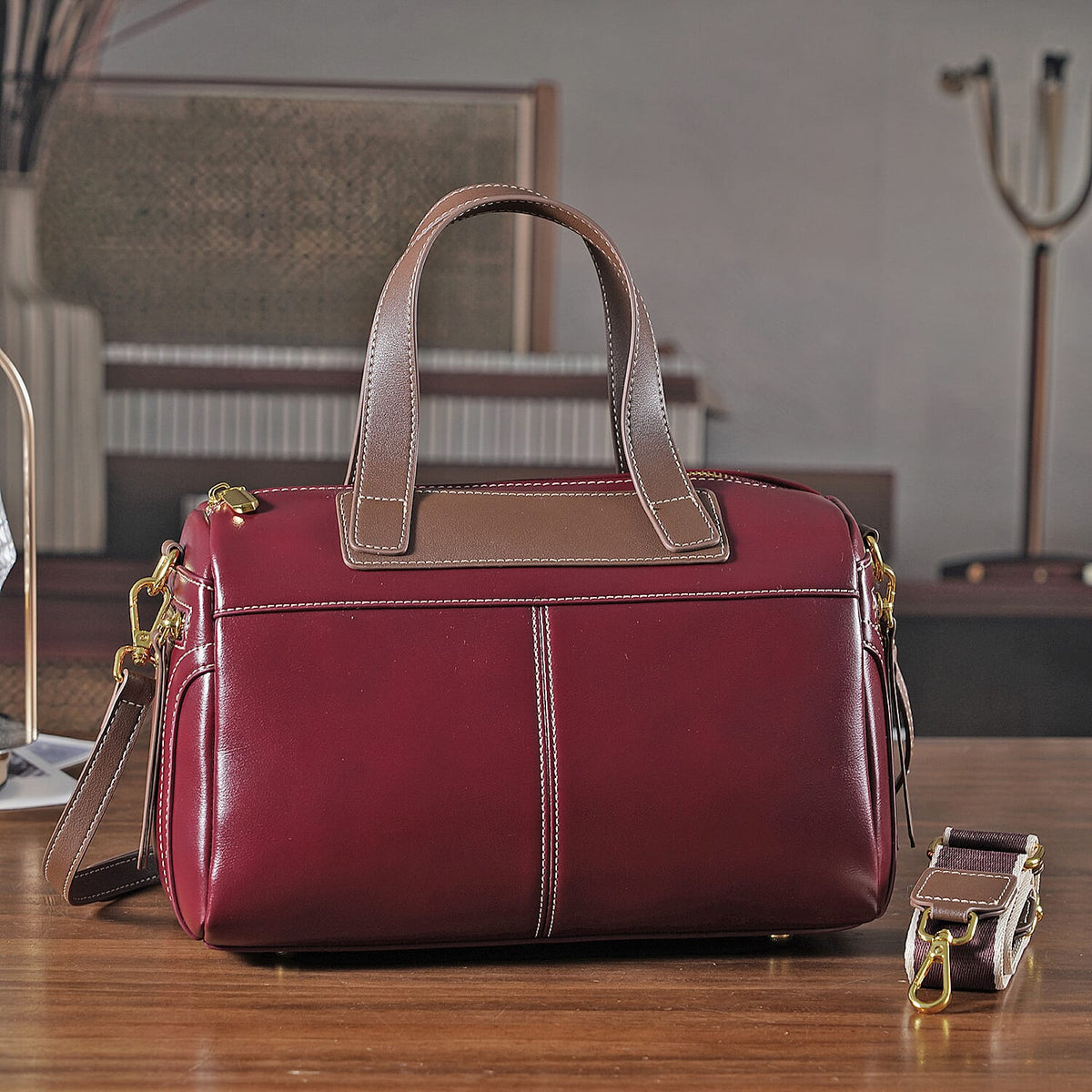 Manhattan CloseOut- 100% Genuine Leather  Bag with Shoulder Straps - Burgundy 8207479 2