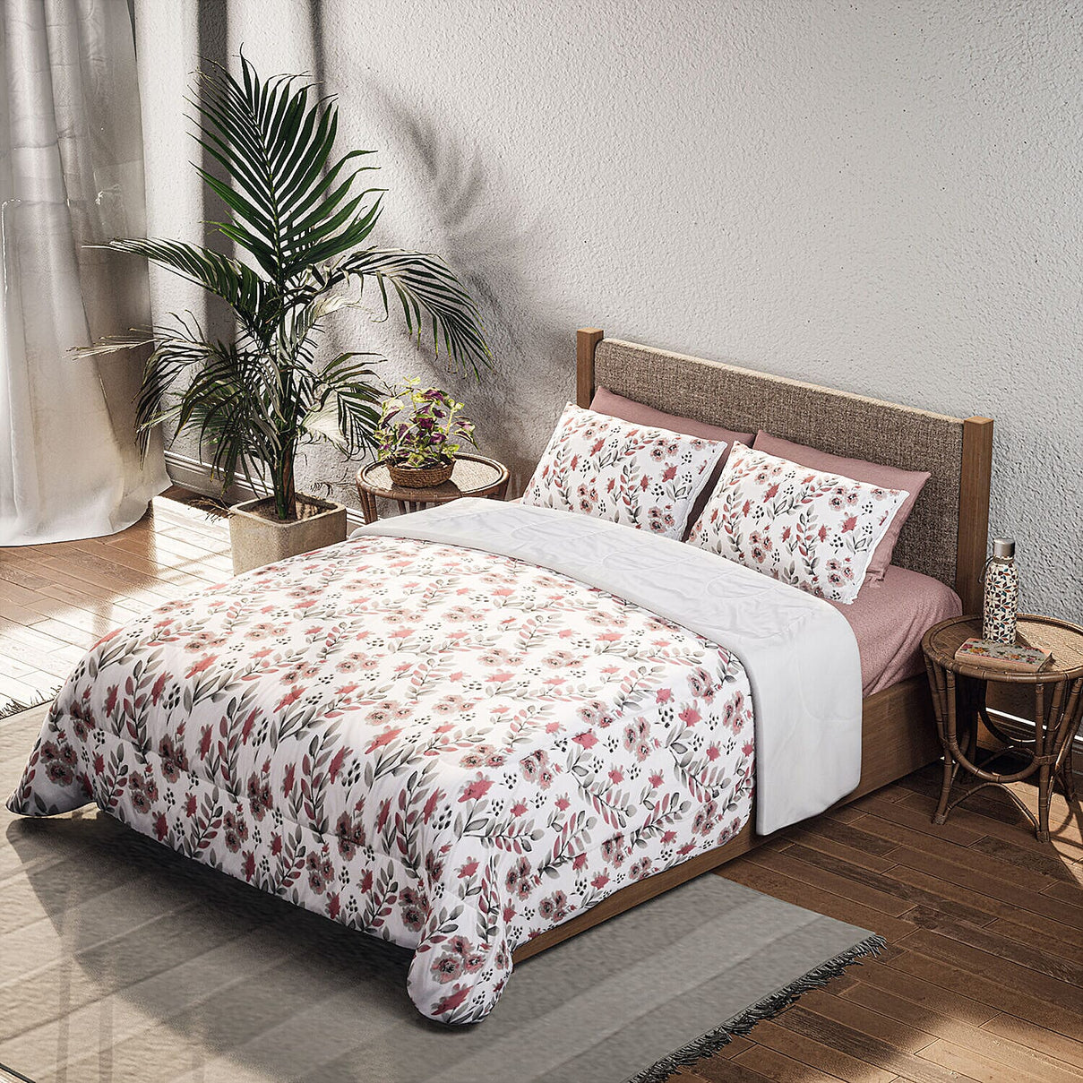 3 Piece Set - Printed Microfiber Leaf Pattern Comforter (Size 200x200 cm) with 2 Pillowcases (Size 75x50x2 cm) - Leaf Double 7301387 0