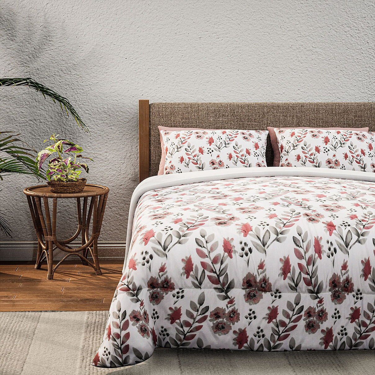 3 Piece Set - Printed Microfiber Leaf Pattern Comforter (Size 200x200 cm) with 2 Pillowcases (Size 75x50x2 cm) - Leaf Double 7301387 3