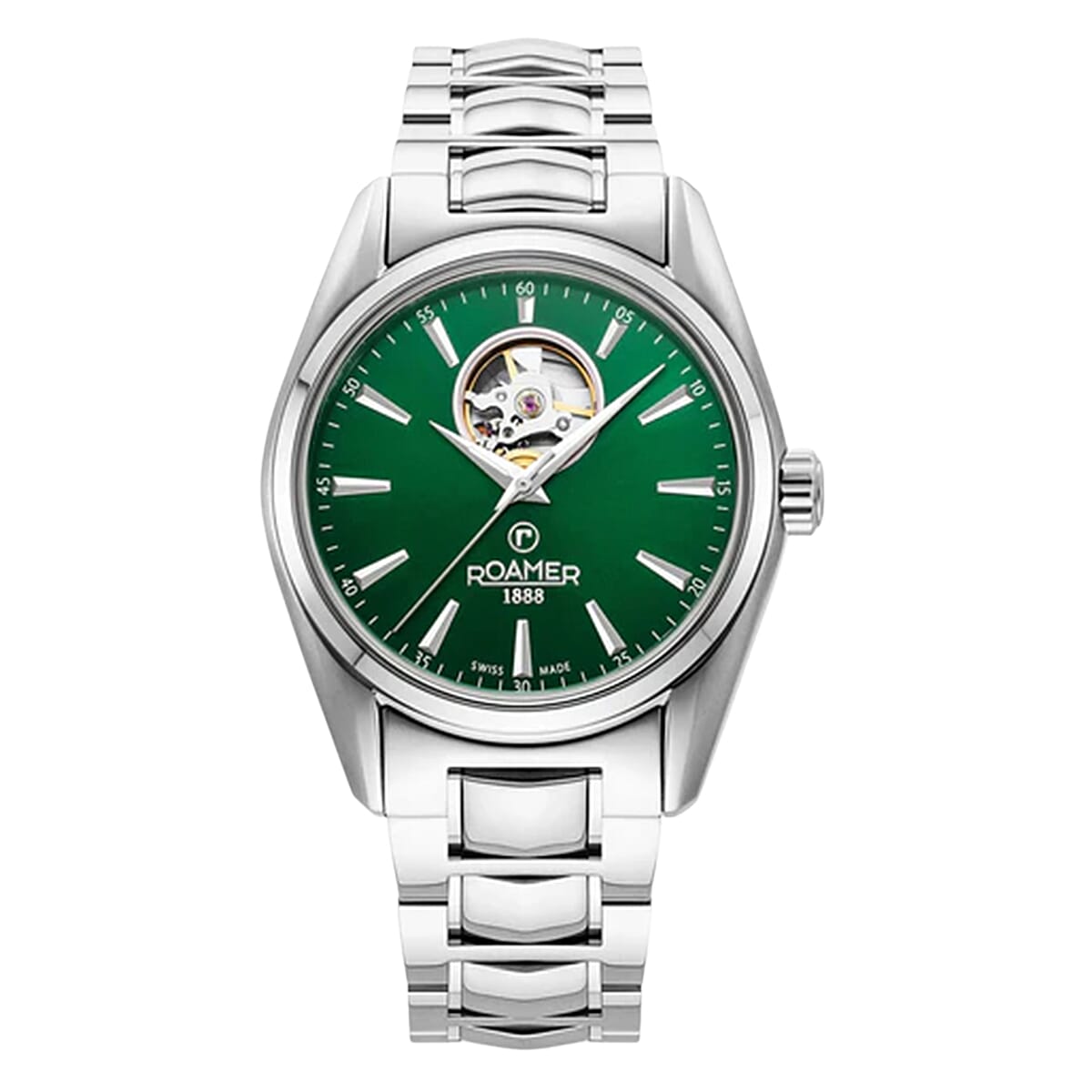 Searock Master 42mm Automatic Three-Hand Open Aperture, Green Sunray Dial Silver Bracelet Sapphire Antireflection Glass Stainless Steel Swiss Watch 8356051 0
