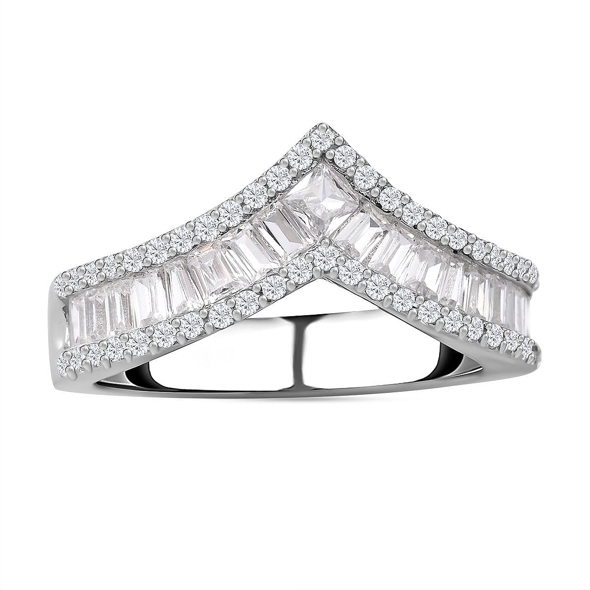 NY Close Out - Simulated Diamond Wishbone Ring in Rhodium Overlay Sterling Silver 7282434 0