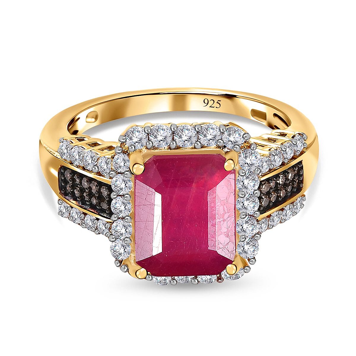 African Ruby, Natural Zircon and Champagne Diamond Ring in 18K Vermeil Yellow Gold Plated Sterling Silver 6.02 Ct 7473762 1