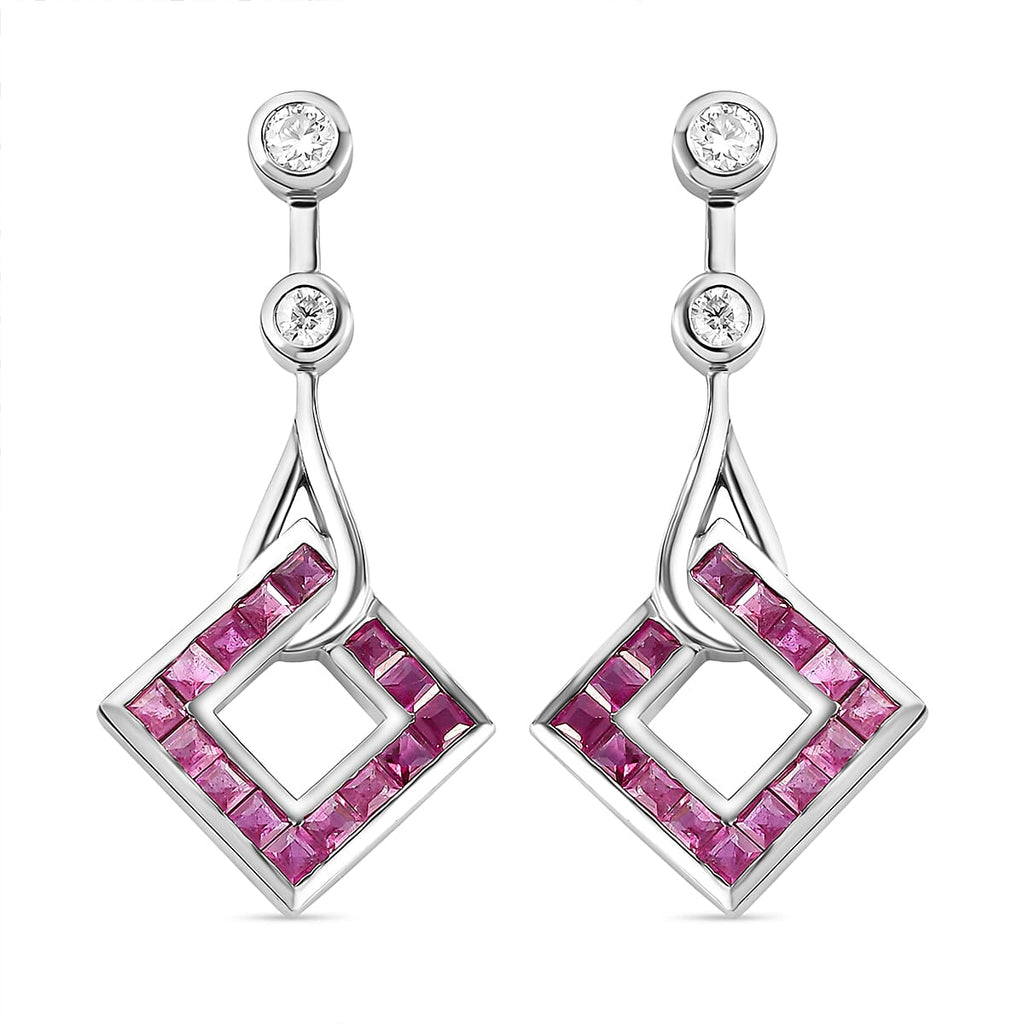 Cabo Delgado Ruby and Moissanite Dangle Earrings in Platinum Overlay Sterling Silver 2.86 Ct.