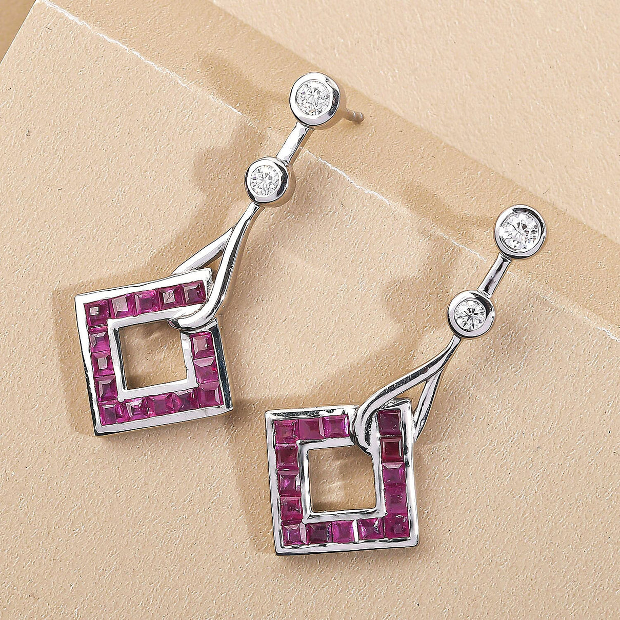 Cabo Delgado Ruby and Moissanite Dangle Earrings in Platinum Overlay Sterling Silver 2.86 Ct. 7073251 2
