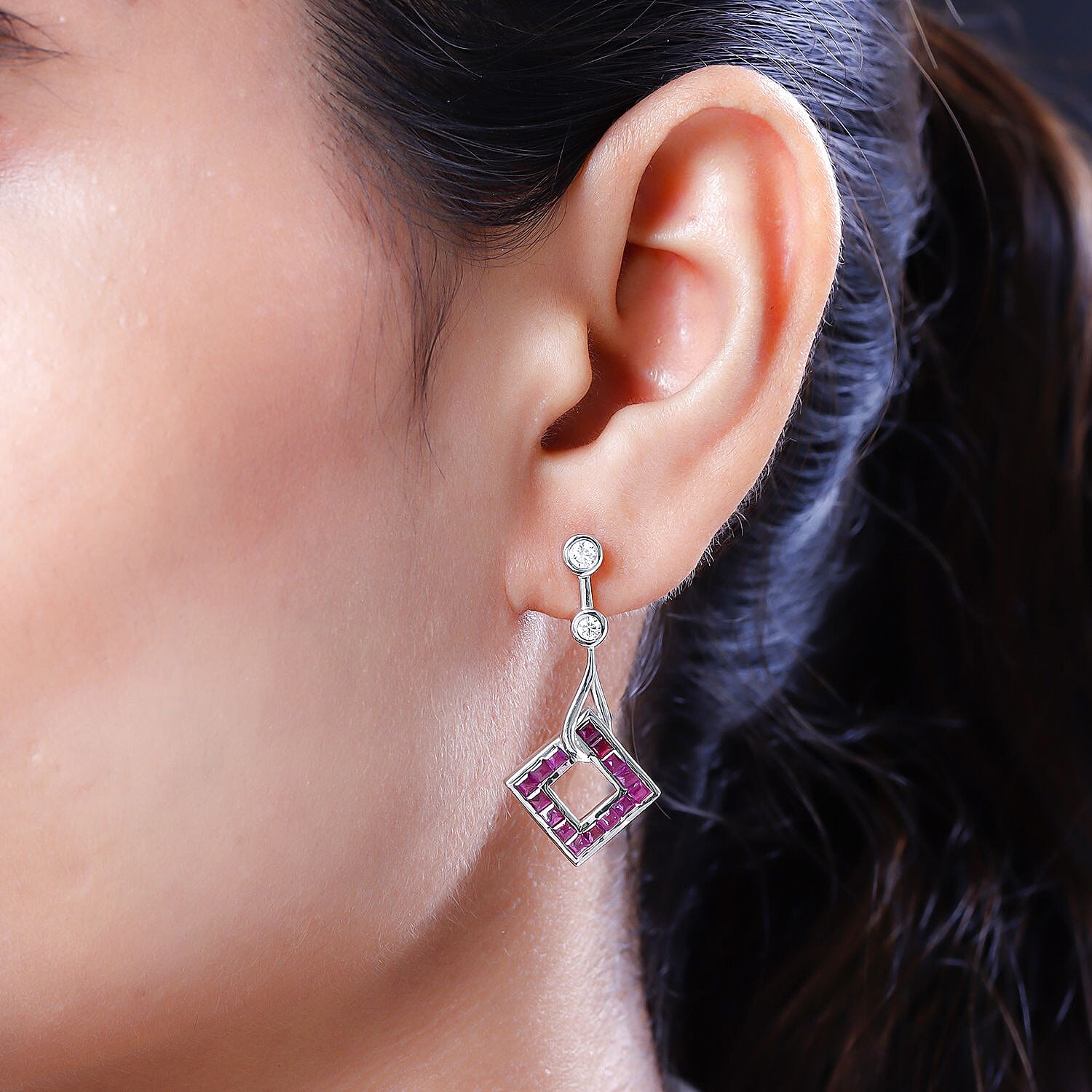 Cabo Delgado Ruby and Moissanite Dangle Earrings in Platinum Overlay Sterling Silver 2.86 Ct. 7073251 3