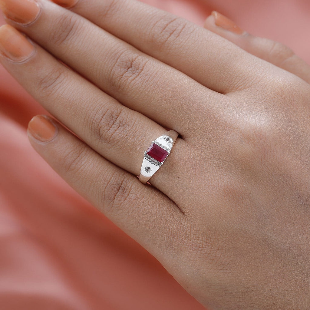 African Ruby and Natural Zircon Halo Ring in Sterling Silver