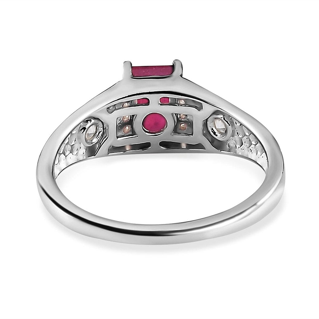 African Ruby and Natural Zircon Halo Ring in Sterling Silver