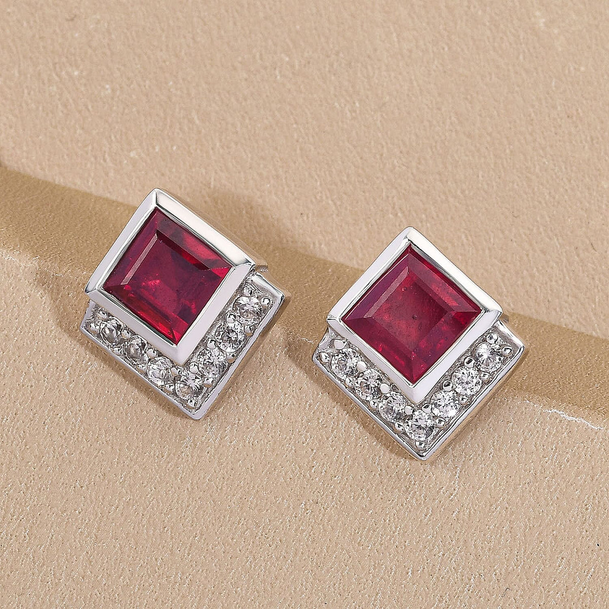 Cabo Delgado Ruby and Natural Cambodian Zircon Stud Earrings (with Push Back) in Platinum Overlay Sterling Silver 3.72 Ct. 7064159 2