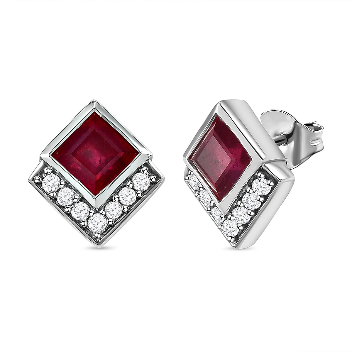 Cabo Delgado Ruby and Natural Cambodian Zircon Stud Earrings (with Push Back) in Platinum Overlay Sterling Silver 3.72 Ct. 7064159 4