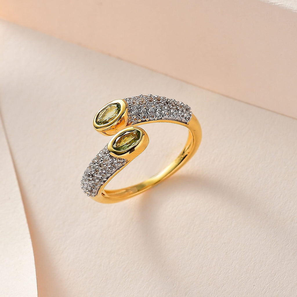 Calabar Tourmaline & Natural Zircon Bypass Ring in 18K Vermeil Yellow Gold Plated Sterling Silver 1.60 Ct