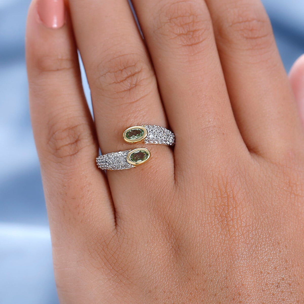 Calabar Tourmaline &amp; Natural Zircon Bypass Ring in 18K Vermeil Yellow Gold Plated Sterling Silver 1.60 Ct 7621233 2