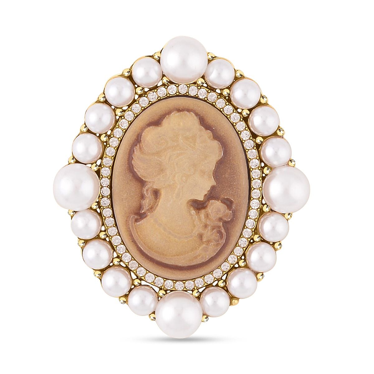 Cameo, White Austrian Crystal and Simulated Pearl Brooch in Yellow Gold Tone 7490618 0