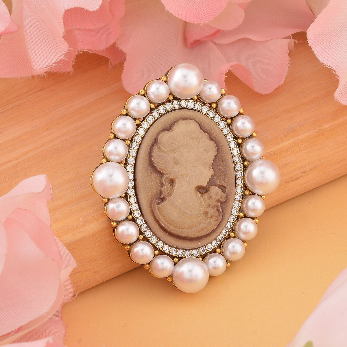 Cameo, White Austrian Crystal and Simulated Pearl Brooch in Yellow Gold Tone 7490618 1