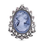 White Austrian Crystal Cameo Brooch in Antique Silver Tone