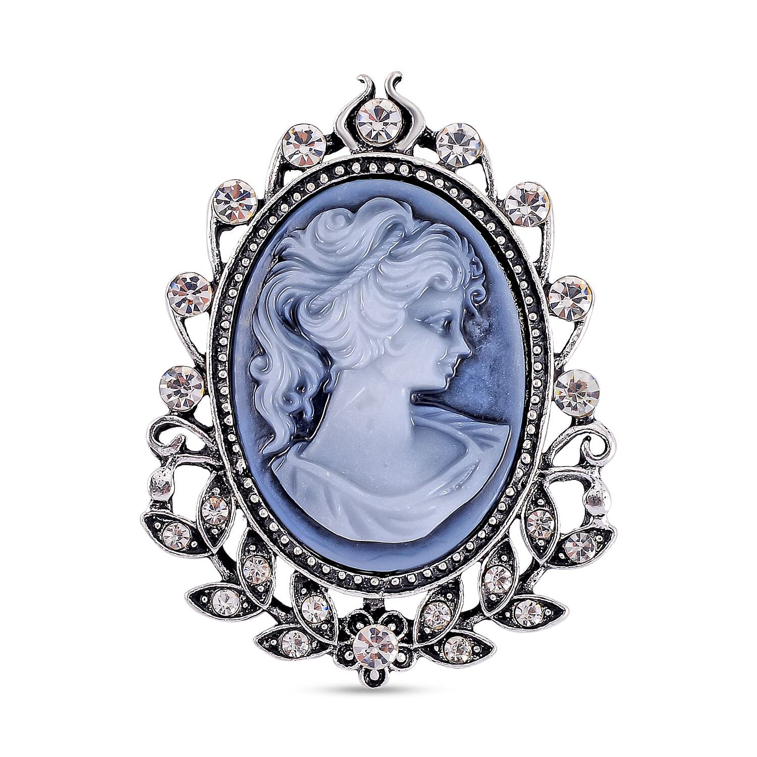 White Austrian Crystal Cameo Brooch in Antique Silver Tone 7639721 0
